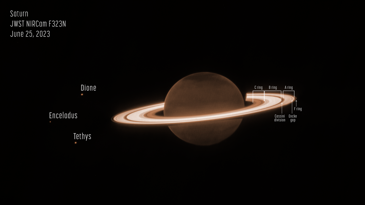 Annotated image of Saturn featuring the bright layers on its rings against the black background of space. 