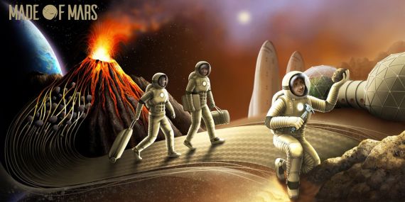 Made of Mars artist's view of researchers collecting basaltic rock in Mars.
