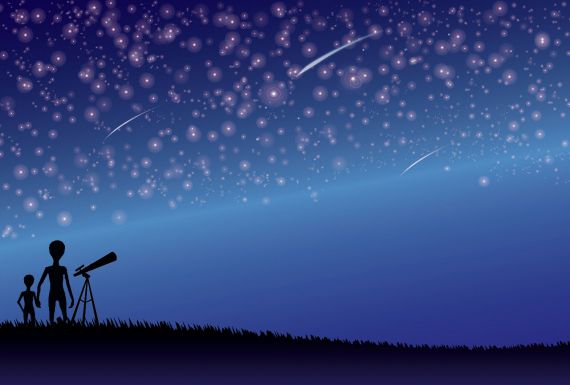 Illustration of an alien family viewing their night sky
